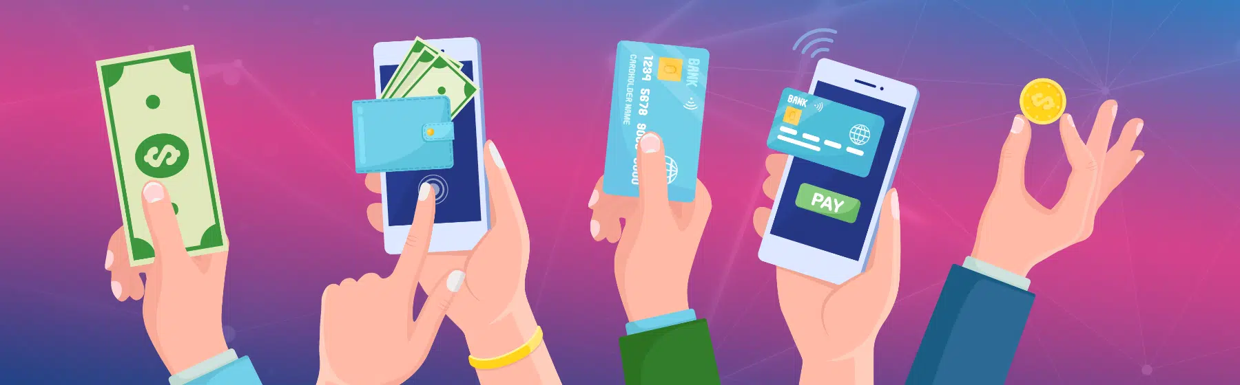 Handen met een mobiel, geld en betaalkaarten die betalingsmethoden vertegenwoordigen