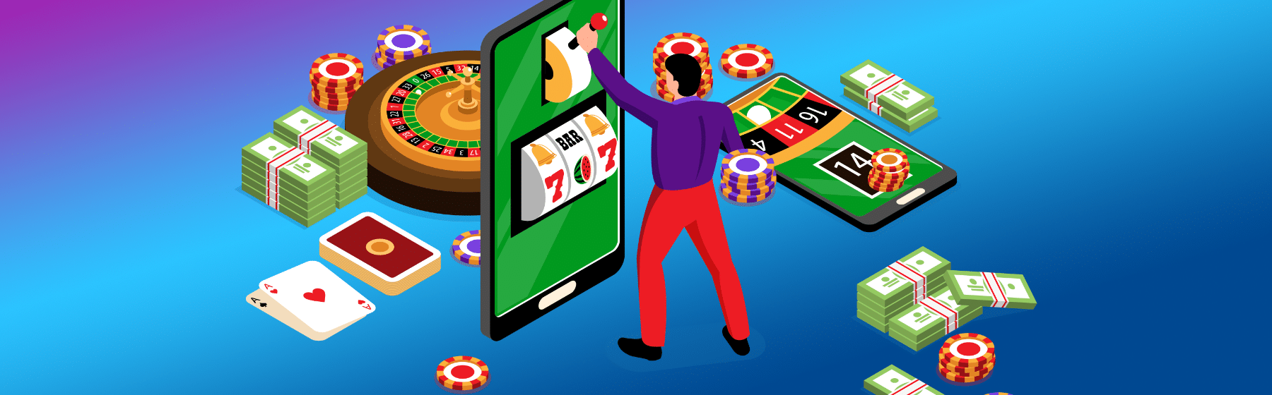 Man op grote telefoon simuleert het spelen van mobiele gokkast