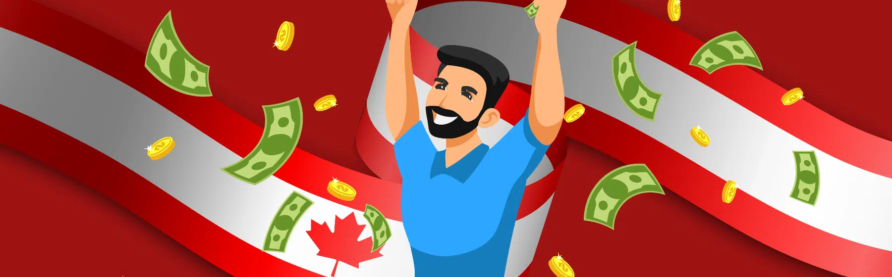 man with beard smiling in front canadian flag and cash