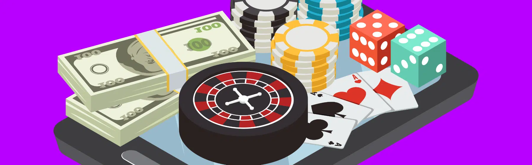 money, roulette wheel, dice and cards 