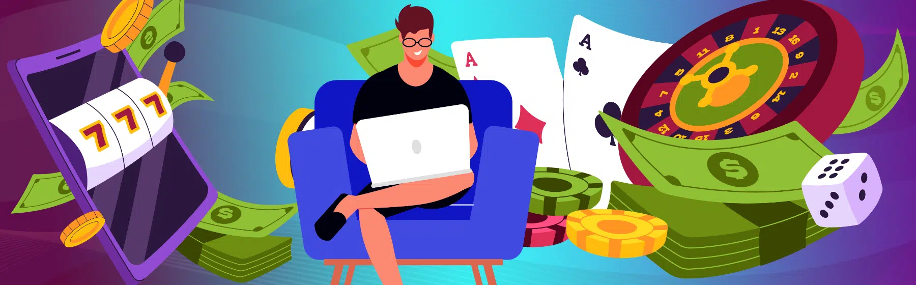 a man is sitting on a chair with a laptop, and behind him is a mobile phone with a jackpot, money, and cards
