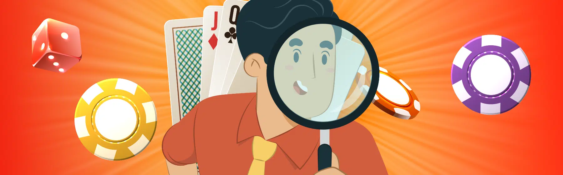 man with magnifying glass in front of playing cards and chips
