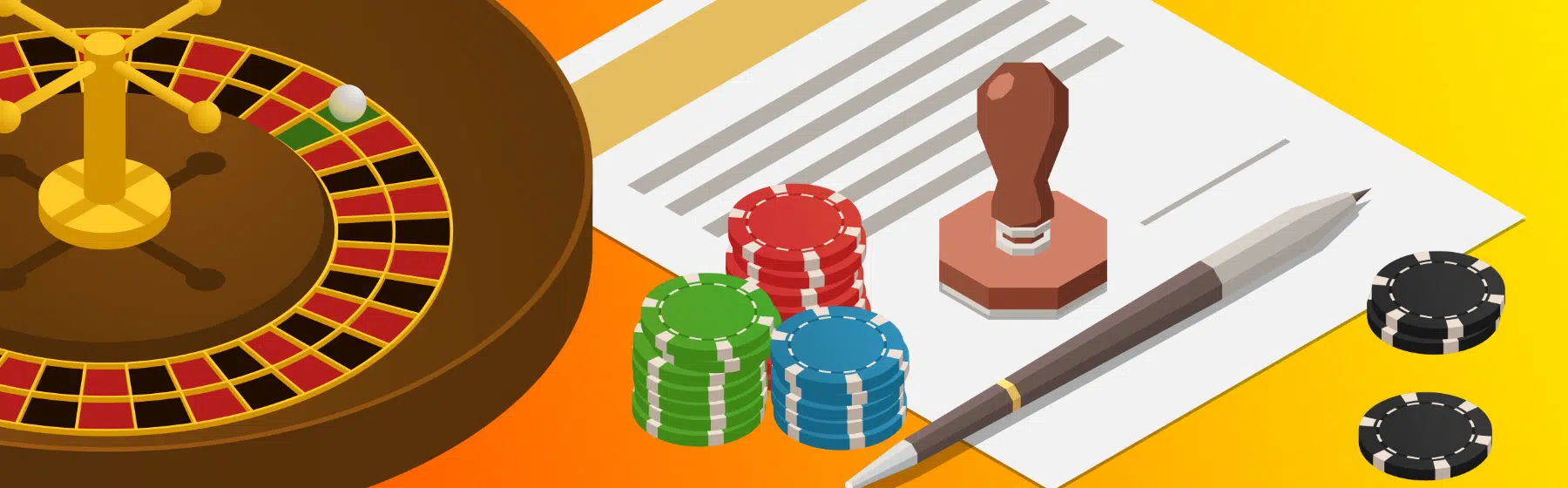 roulette, casinofiches en een geldigheidsdocument met een stempel