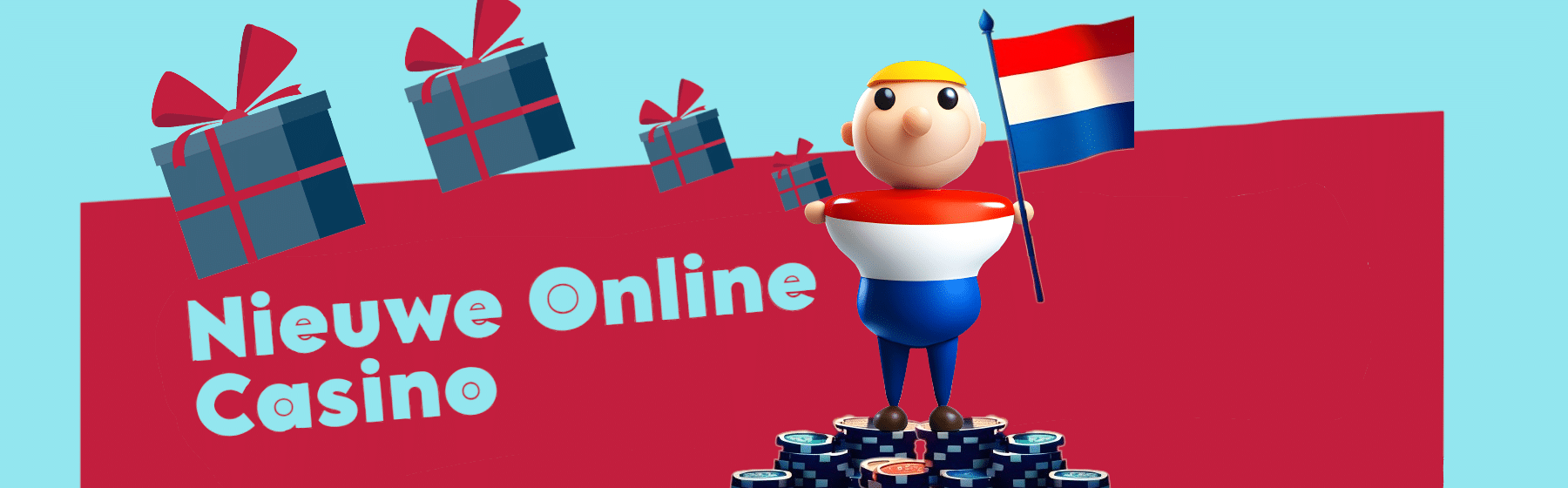 man in een nederlands shirt, staand op casinofiches met een nederlandse vlag in de hand