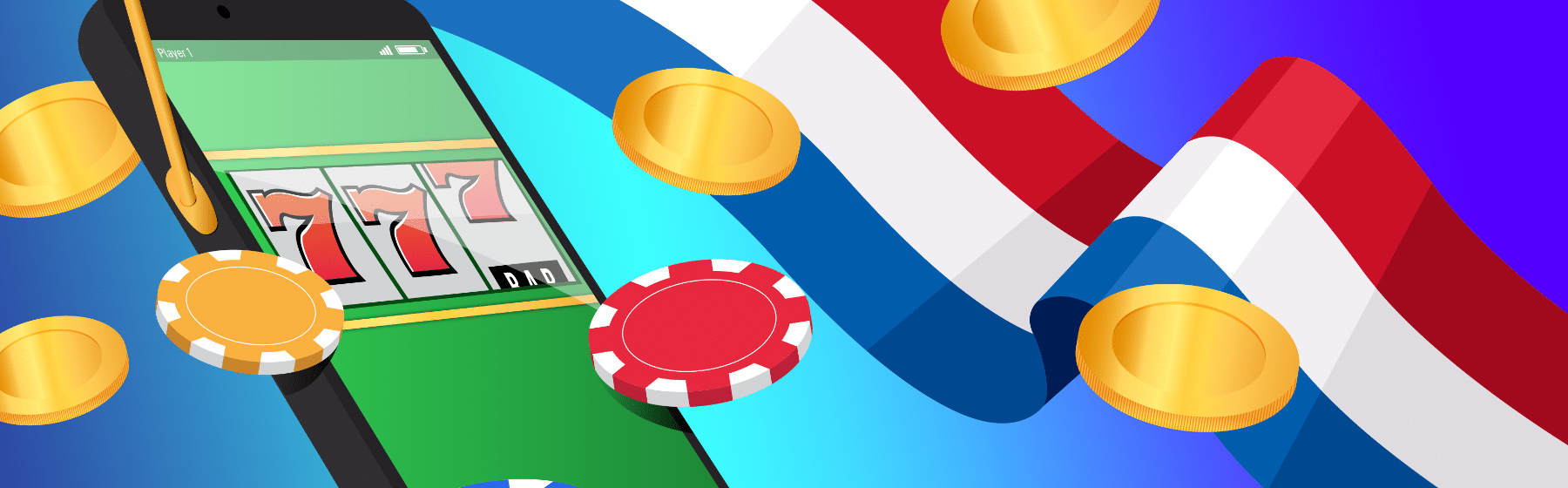 jackpot op mobiele telefoon, casinofiches en Nederlandse vlag