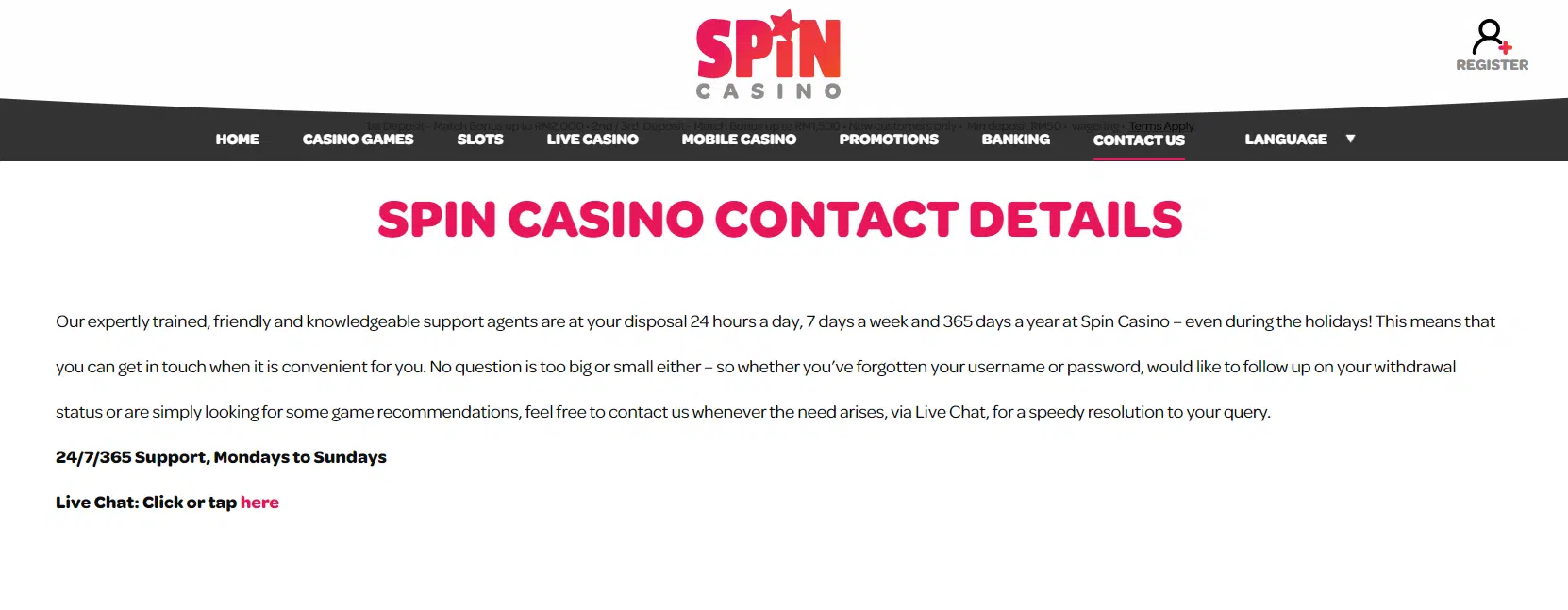 contact details for spin casino support