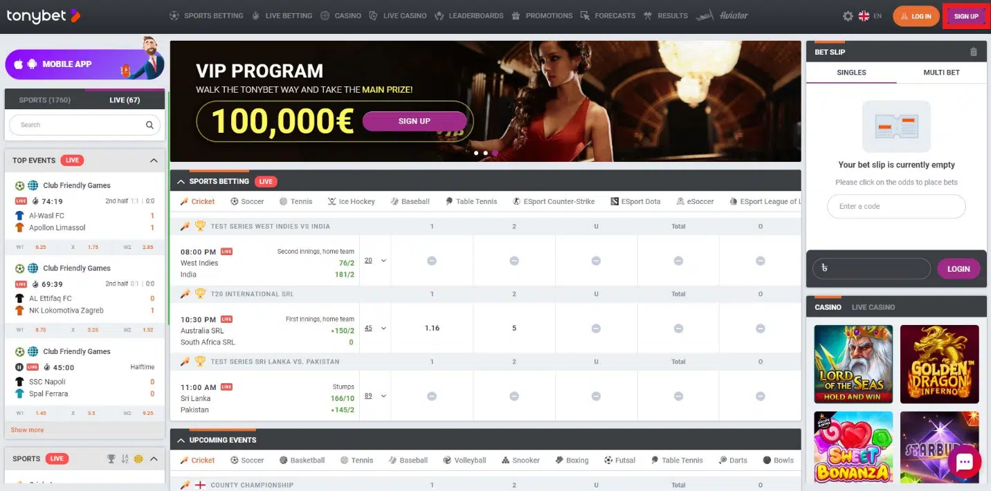 homepage of tonybet casino