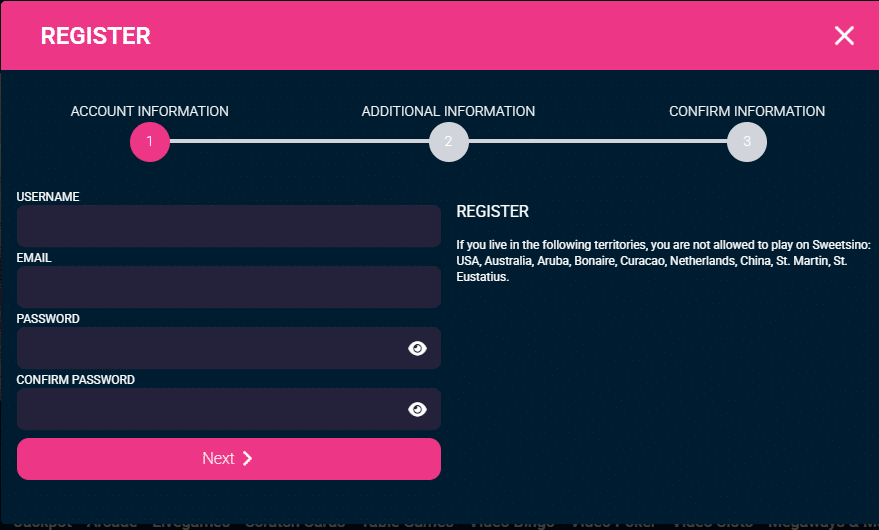 sweetsino registration step 1