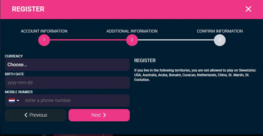 sweetsino registration step 2