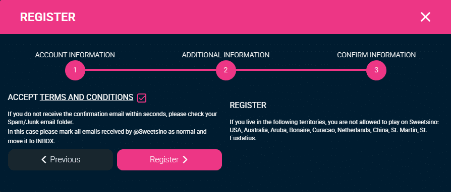 sweetsino registration step 3